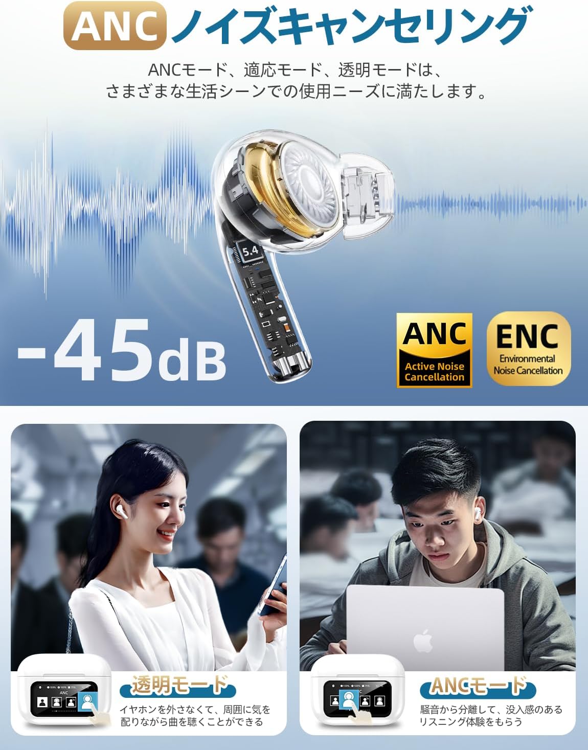 イヤホン bluetooth ワイヤレスイヤホン【業界初多機能タッチスクリーン・ANC搭載】ブルートゥースイヤホン ノイズキャンセリング AIFENG bluetooth5.4 蓋をあけたら接続 最大32時間再生 ぶるーとぅーすイヤホン Hi-Fi ハンズフリー通話 Type-C充電 小型/軽量 片耳モード iOS/Android (ホワイト)